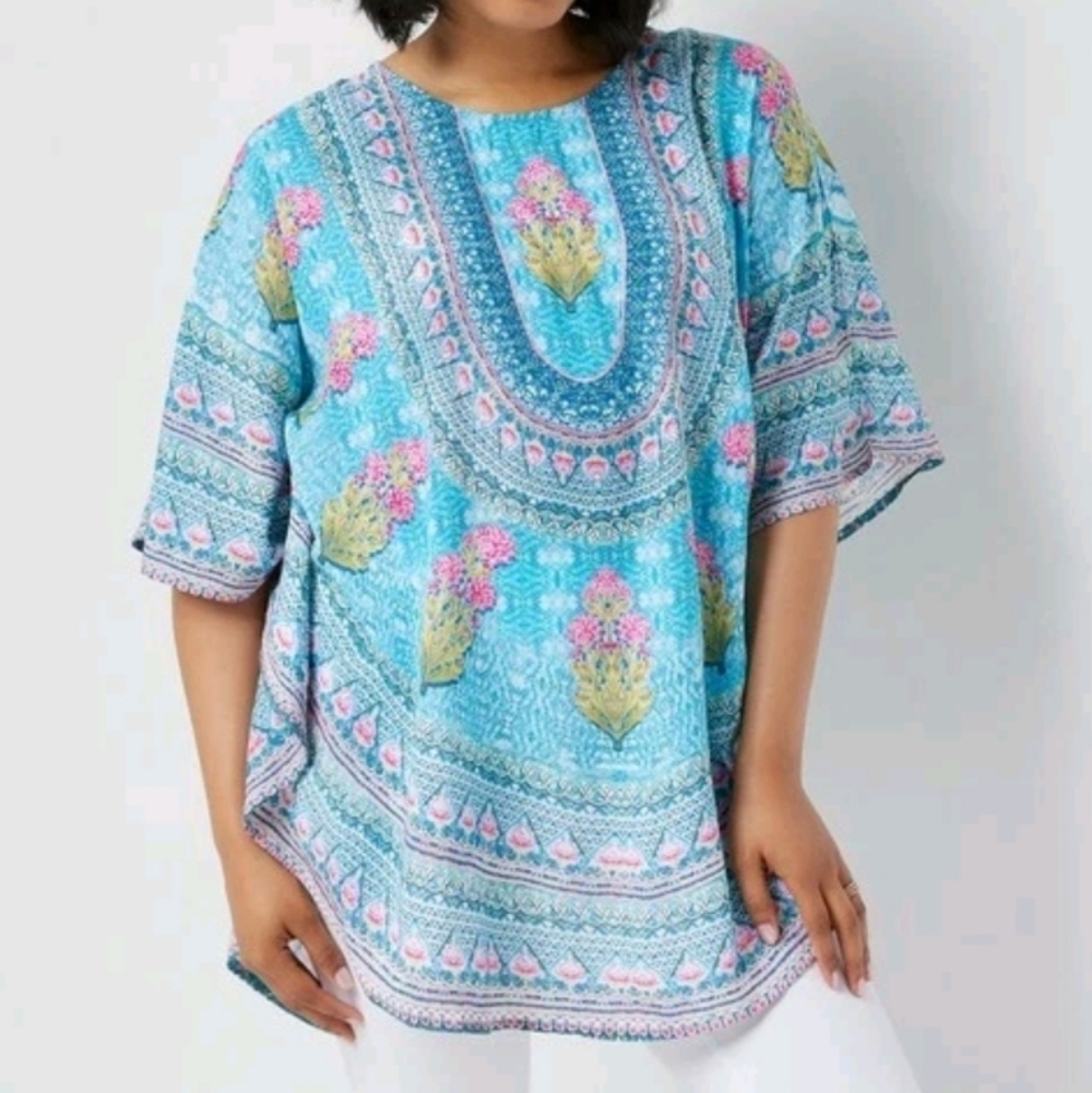 Tolani Narissa Poncho Top XL Turquoise Floral Boho Beach Vacation